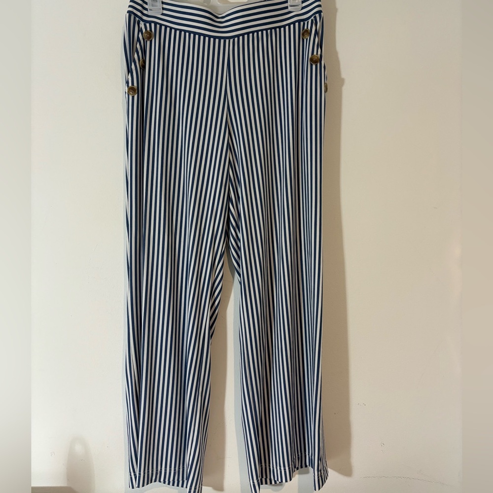Robert Louis Large High Waisted Blue White Stripes Pull On Pants High Waist
